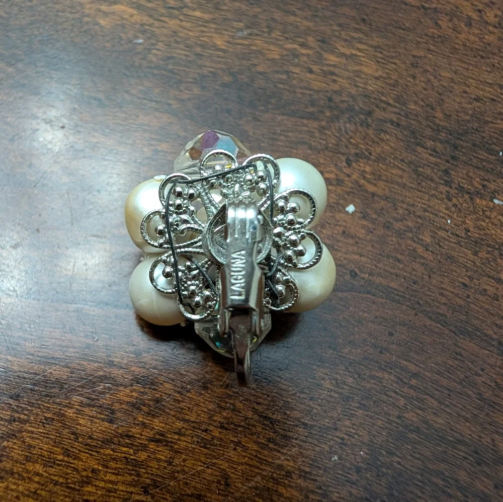 Vintage  Laguna Silver Toned Faux Pearl & Iridescent AB Beaded Clip Earrings - Picture 5 of 10